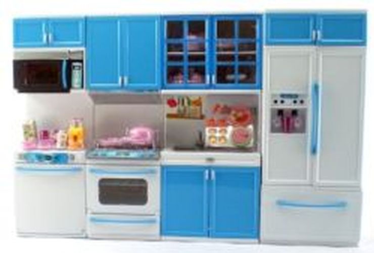 GIRL FUN TOYS Blue Deluxe Modern Barbie Size Kitchen Stove, Fridge, Micro Wave Etc - 
