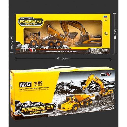 HUINA Excavator And Dump Truck Die Cast Metal Construction Toy Truck 1:50 Scale